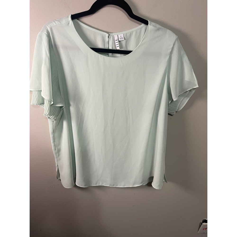 Elle Mint Green Pleated Flutter Sleeve Chiffon Blouse XL Keyhole Back Top
